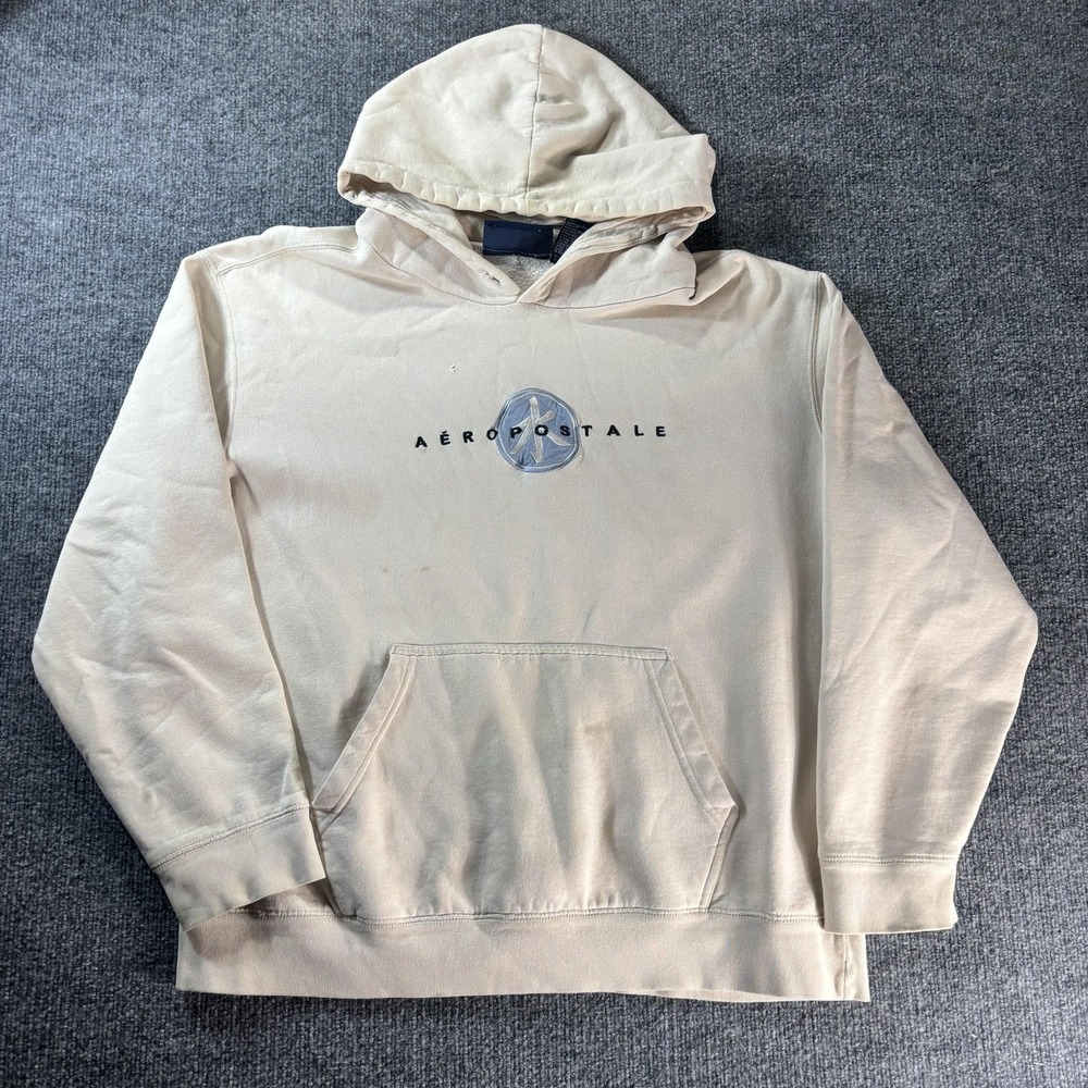 Aeropostale Hoodie Mens XL Beige Pullover Fleece Logo Graphic Kangaroo Pocket